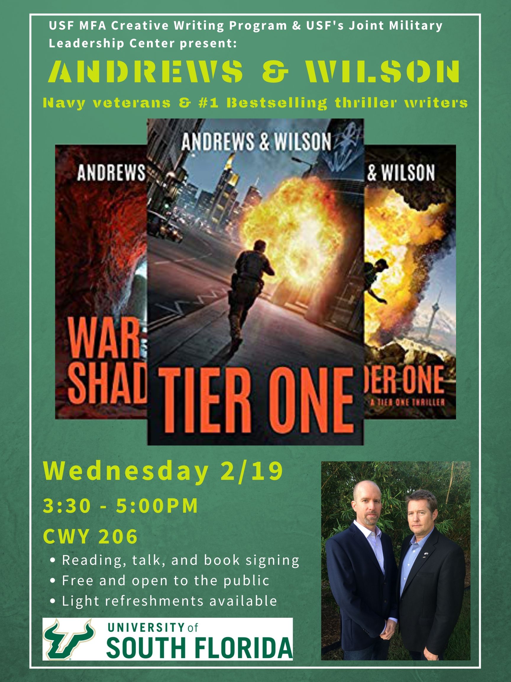 Flyer for Book Talk "Tier One" by Andrews & Wilson, February 18 at 3:30pm in CWY 206