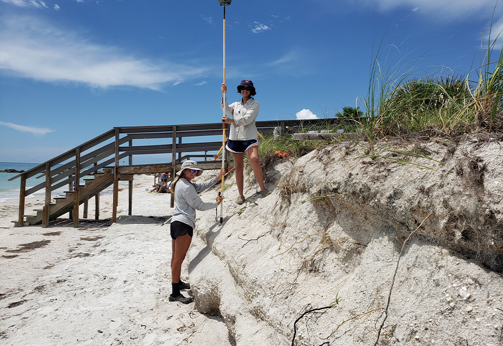 Graduate students Sophia Gutierrez and Elizabeth Royer conducting the quarterly beach survey after Hurricane Idalia