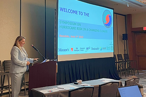 Dr. Jennifer Collins delivering the opening address at the Symposium on Hurricane Risk in a Changing Climate. (Photo courtesy of Jennifer Collins)