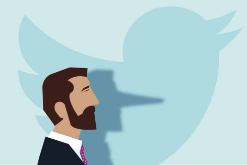 Twitter logo background with man in front. Man's shadow has a long nose indicating he is lying.