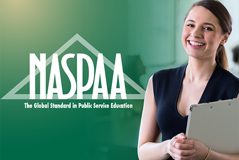 NASPAA logo with smiling woman holding laptop