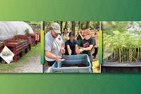 collage of gardens and people working with soil