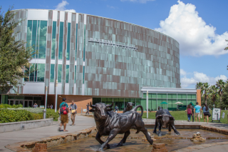 Marshall Student Center building with bull statue