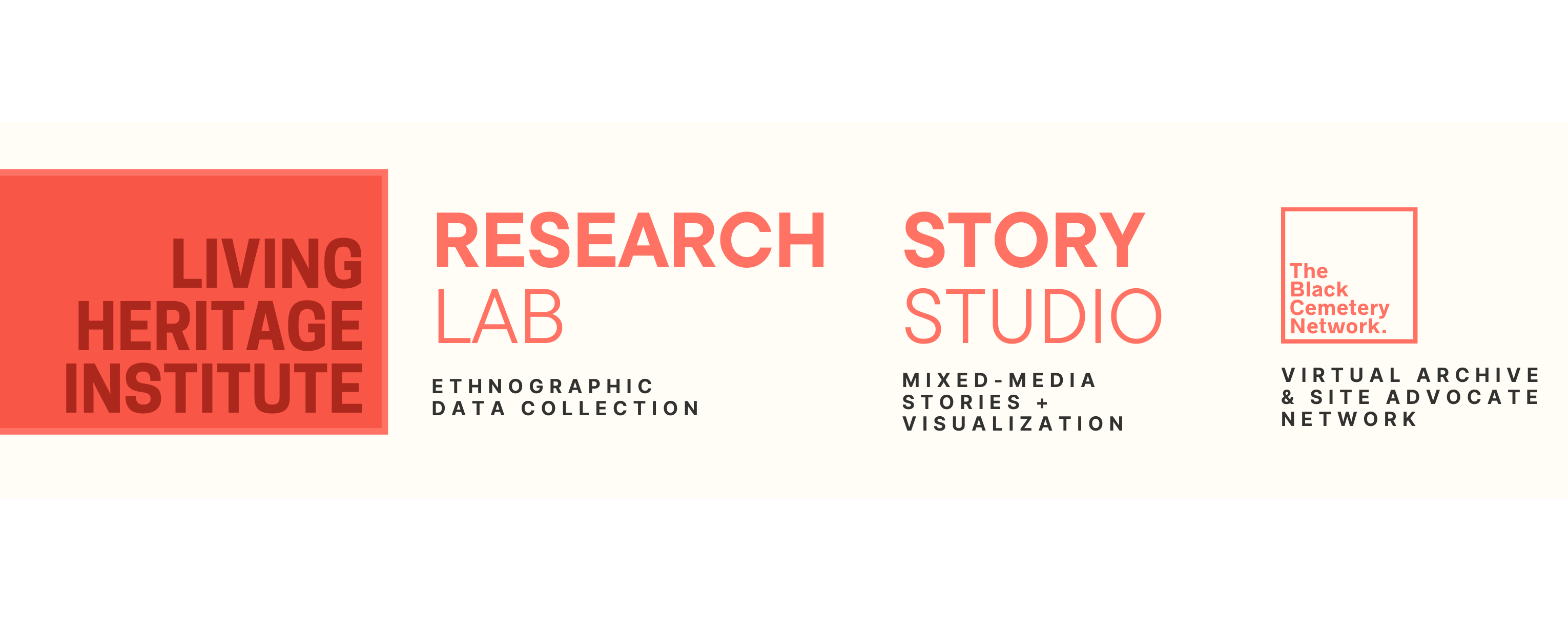 Model graphic depicting the LHI’s three main components with a short description below each part as follows: Research Lab - ethnographic data collection; Story Studio - mixed media stories and visualization; the Black Cemetery Network - Virtual archive and site advocate network
