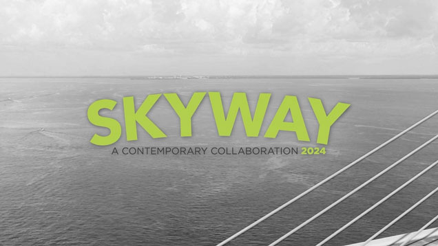 "Skyway" in green over a black and white image of Tampa Bay.