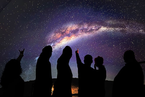 A group of people stands in awe of a projection of a night sky with a gallaxy in the MOSI digital dome.