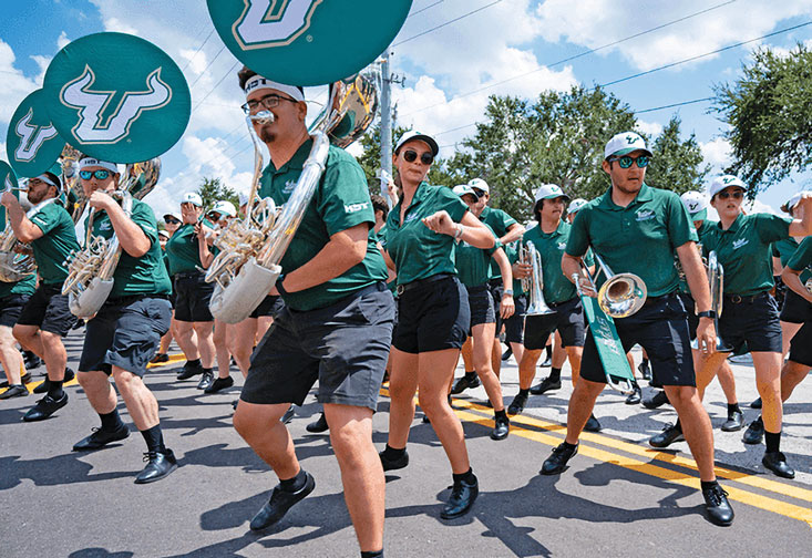 Brass musicians perform in the HOT Band Road Show, a pregame tradition at USF Football’s home games. [Photo: Christina Klein Photography]