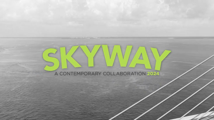 "Skyway" text in green over a black and white image of Tampa Bay.