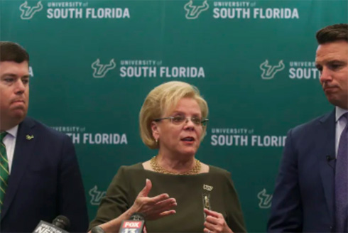 Mike Griffin, vice chair of the University of South Florida Board of Trustees, left, USF president elect Rhea Law, in center, and Will Weatherford, chair of the USF Board of Trustees