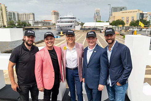 From left to right: the Lightning's Nikita Kucherov; Tampa Mayor Jane Castor; Jim Weiss, chairperson of the Tampa Bay Economic Development Council; and the Rays' Kevin Kiermaier.