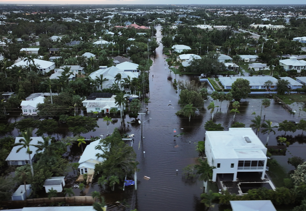 aerial view of flooded homes