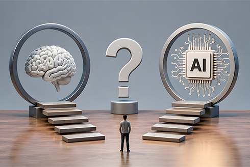 graphic of person having two choices: human or ai