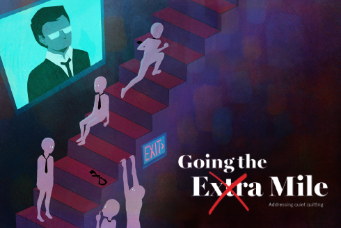 graphic of people moving up and down stairs while being watched