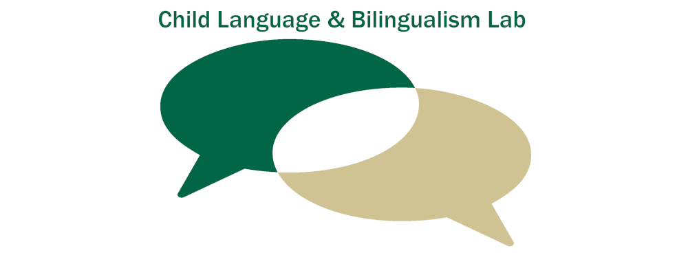 Child Language & Bilingualism Lab, two speech bubbles in green and gold with a white overlap similar to a venn diagram