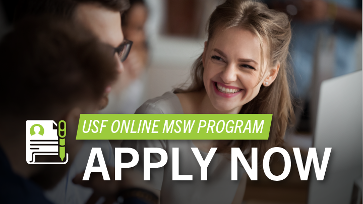 Person smiling at two people, sitting next to a computer with text reading "USF Online MSW Program Apply Now".