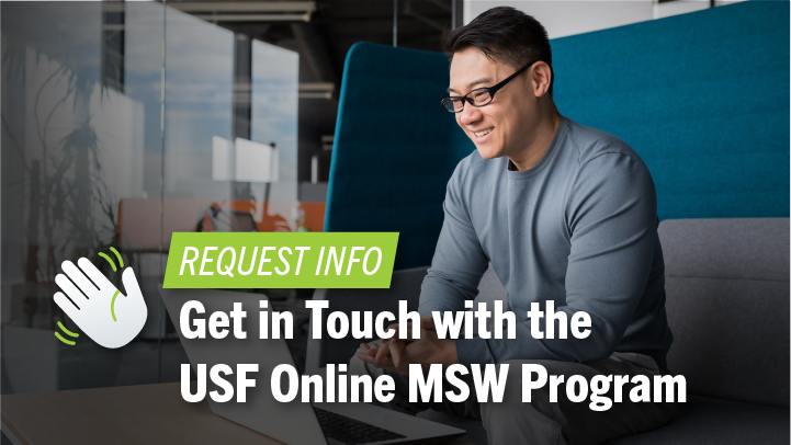 Person sitting down, smiling at a laptop with text reading "Request Info Get in touch with the USF Online MSW Program".