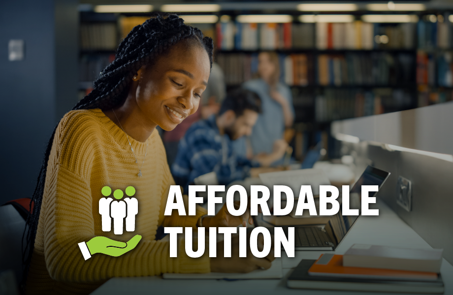 A person in a library setting at a laptop working, with text reading "Affordable tuition"