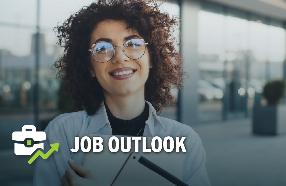 Woman with glasses smiling with text reading "Job Outlook"