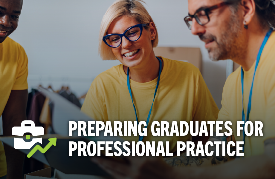 Two persons working animatedly with text reading "Preparing Graduates For Professional Practice"