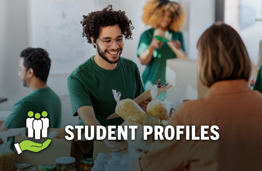 A person with a clipboard at a table with supplies, with text reading "Student Profiles"