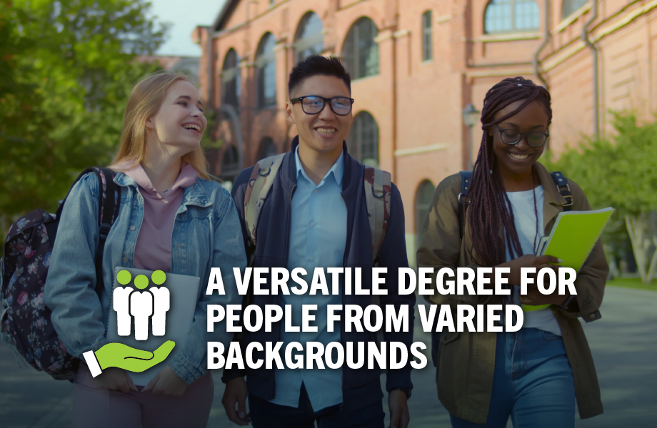 Three people wearing backpacks walking together, with text reading "A Versatile Degree for People from Varied Backgrounds"