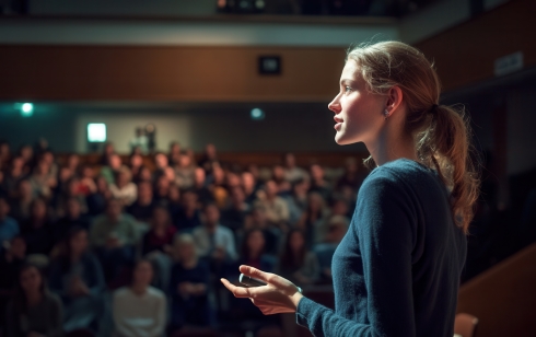 A young woman delivering a talk to a full auditorium