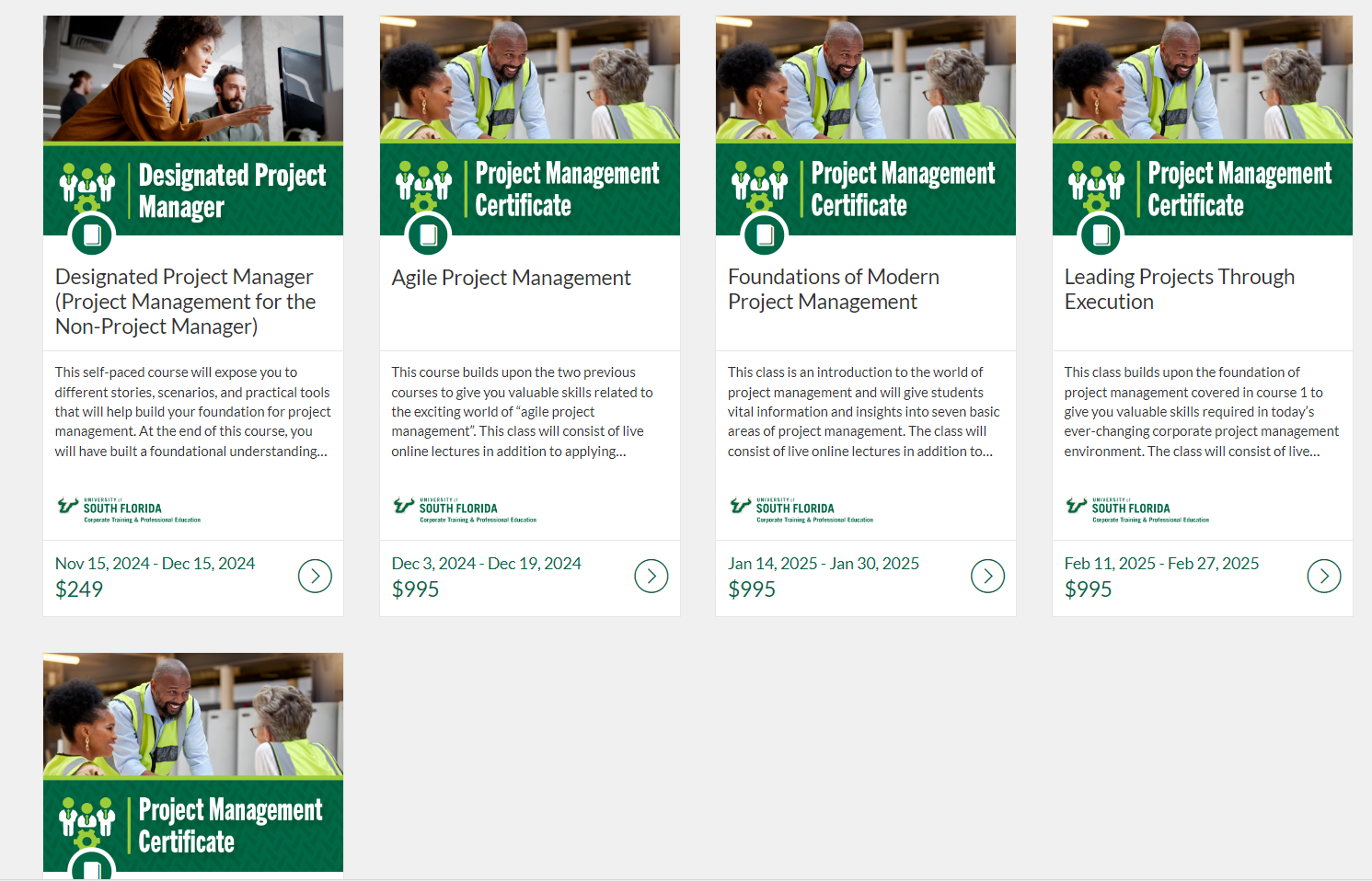 Snapshot of Project Management course catalog