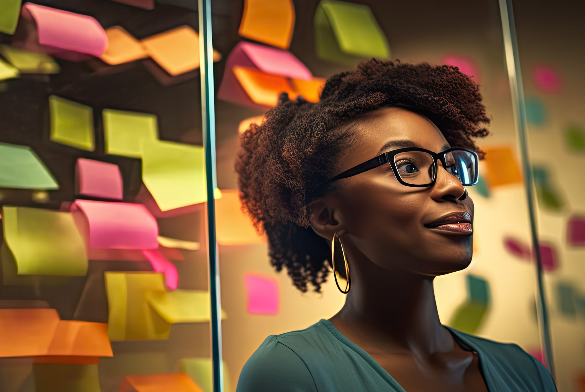 A woman wearing glasses standing in front of a wall with sticky notes