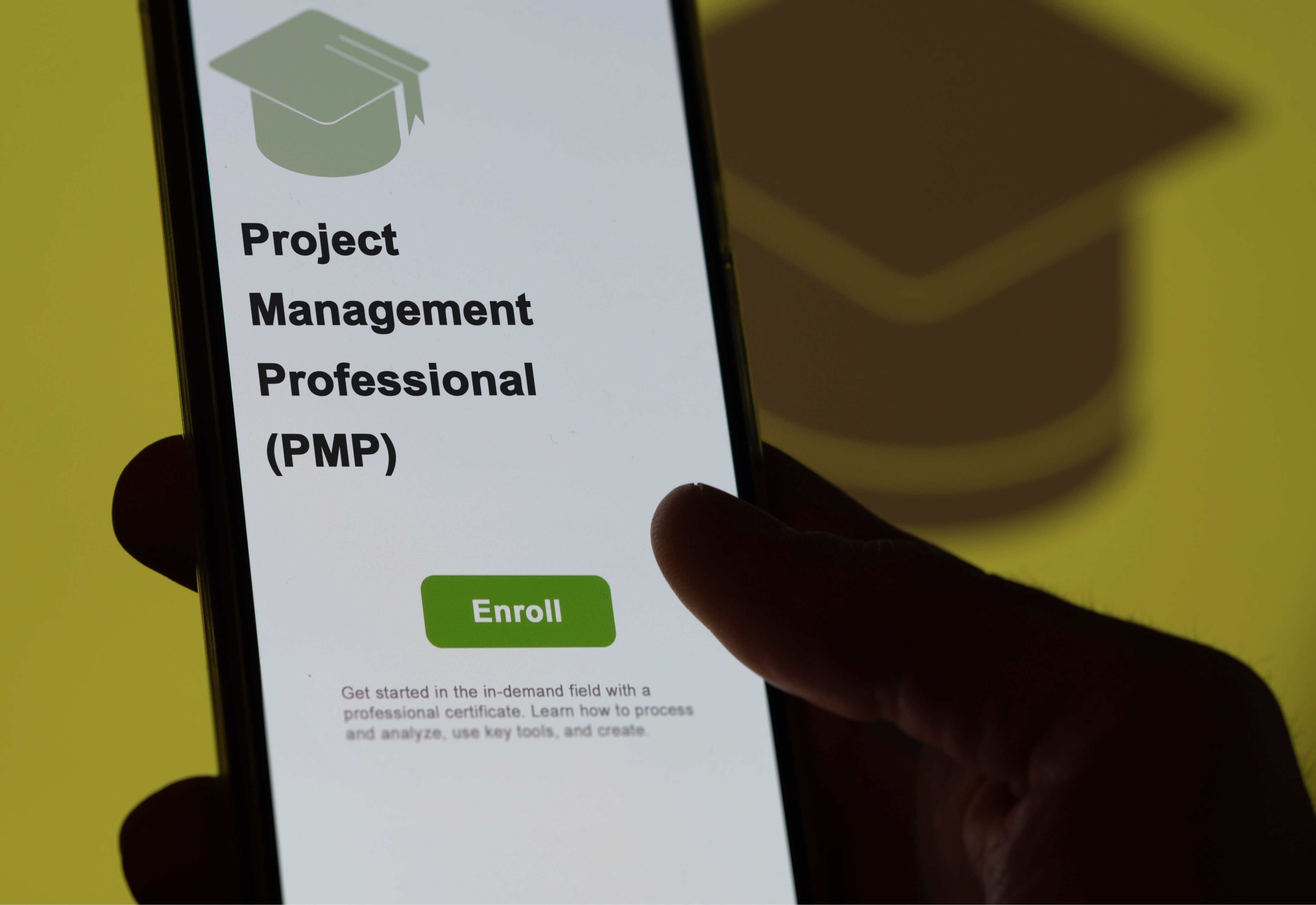 A phone screen displaying the Project Management Professional (PMP) course sign-up page