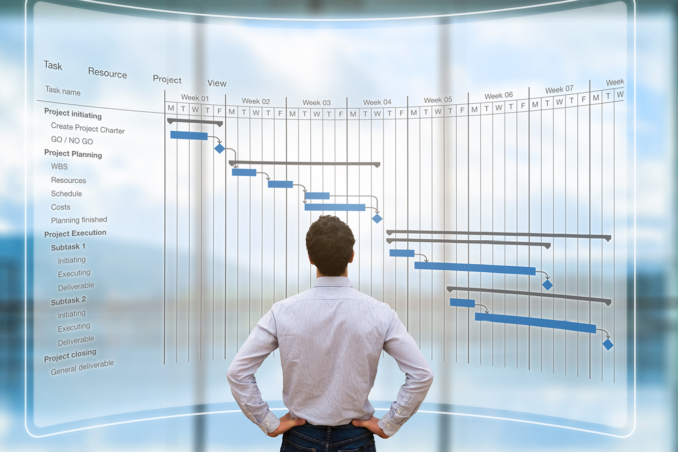 A man standing in front of a project management schedule