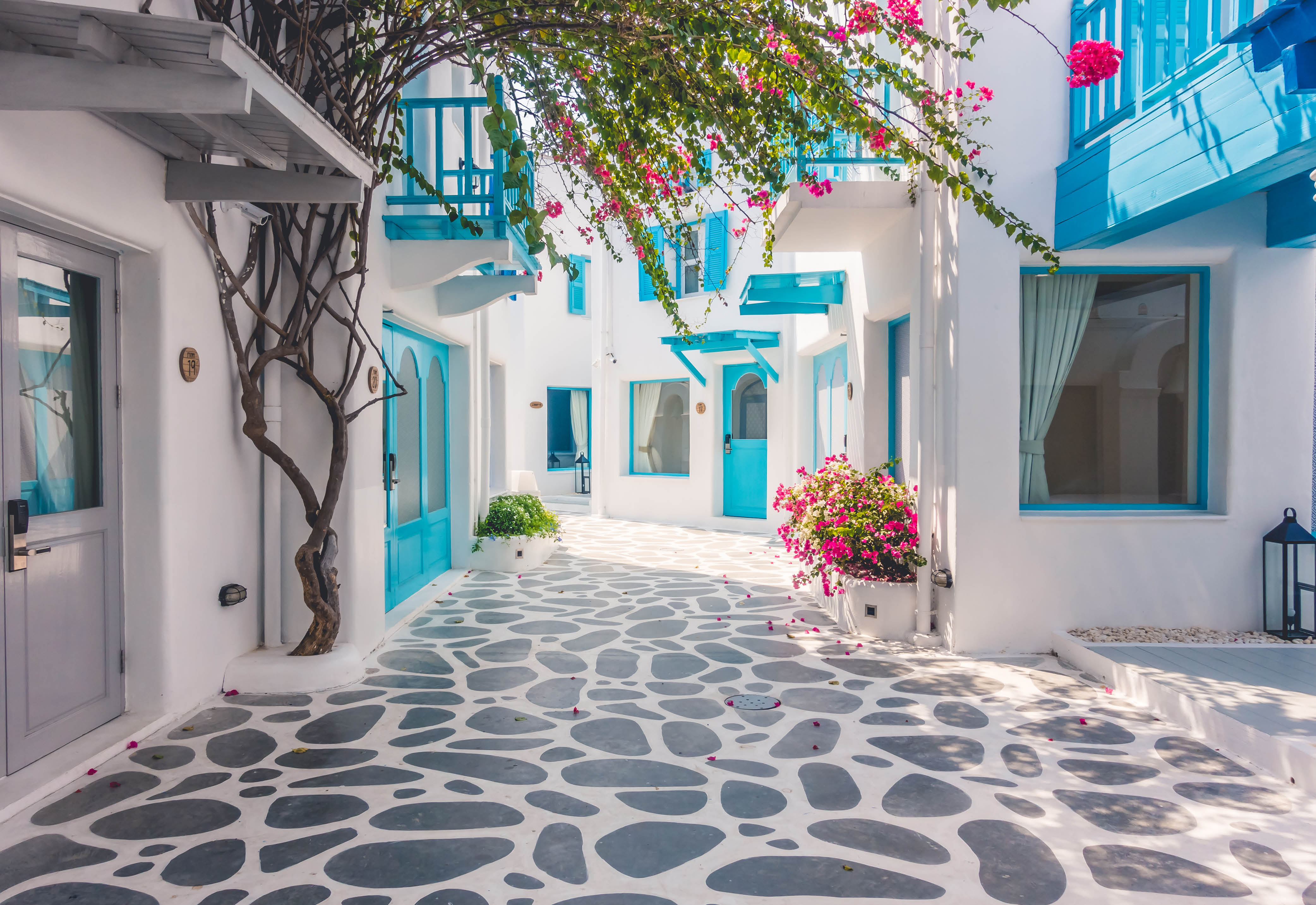 A stone street in Greece surrounded by white buildings with blue doors and windows