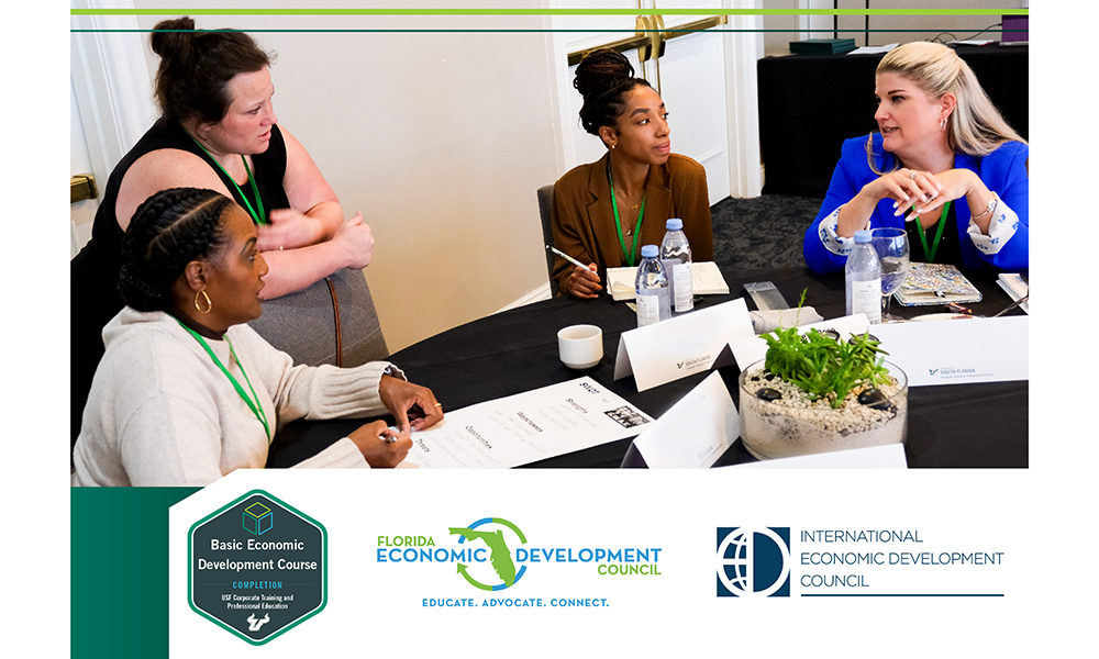 4 woman sit at a table during the bedc conference talking. With the BEDC logos below