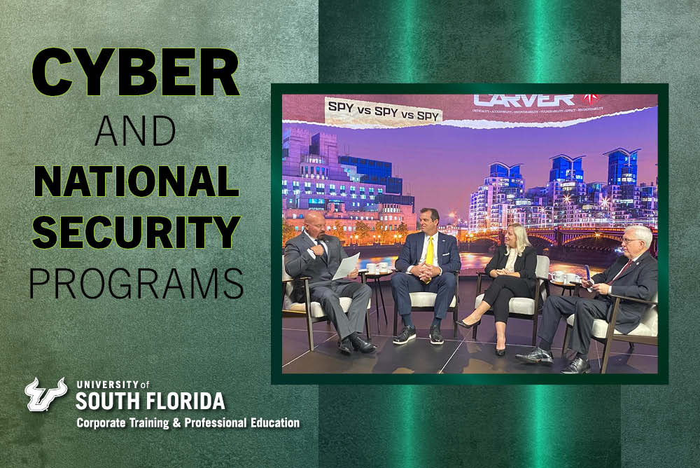 a group of cyber security professionals sit in a round table talking on top of a graphic that says cyber and national security programs