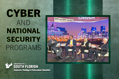 a group of cyber security professionals sit in a round table talking on top of a graphic that says cyber and national security programs