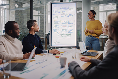 a group of people sit around a white board discussing a project