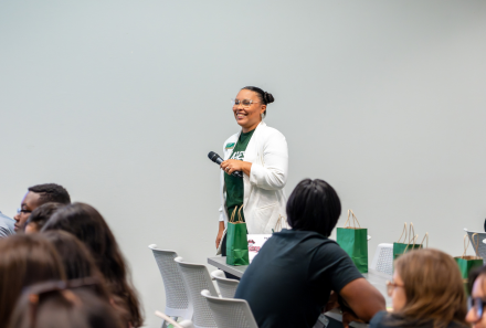 Justice Palavra playing trivia with students at Florida MESA's USF Campus Day.