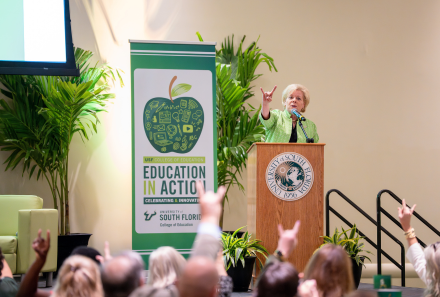 University of South Florida President Rhea Law leading a "Go Bulls!" chant at Education in Action