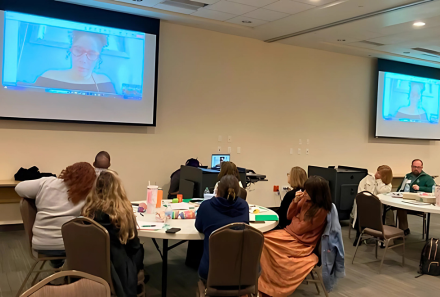 Artist Danielle De Jesus presenting at the January 2025 InsideART Teachers Workshop related to the USF Contemporary Art Museum exhibition X Facor: Latinx Artists and the Reconquest of the Everyday.