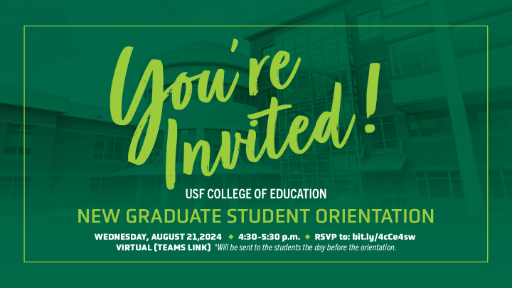 The College of Education is holding their New Graduate Student Orientation on August 21, 2024 from 4:30 to 5:30 p.m. Students may RSVP using the registration link found below.