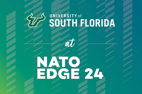 green & blue gradient with USF logo the word at and the NATO Edge Logo