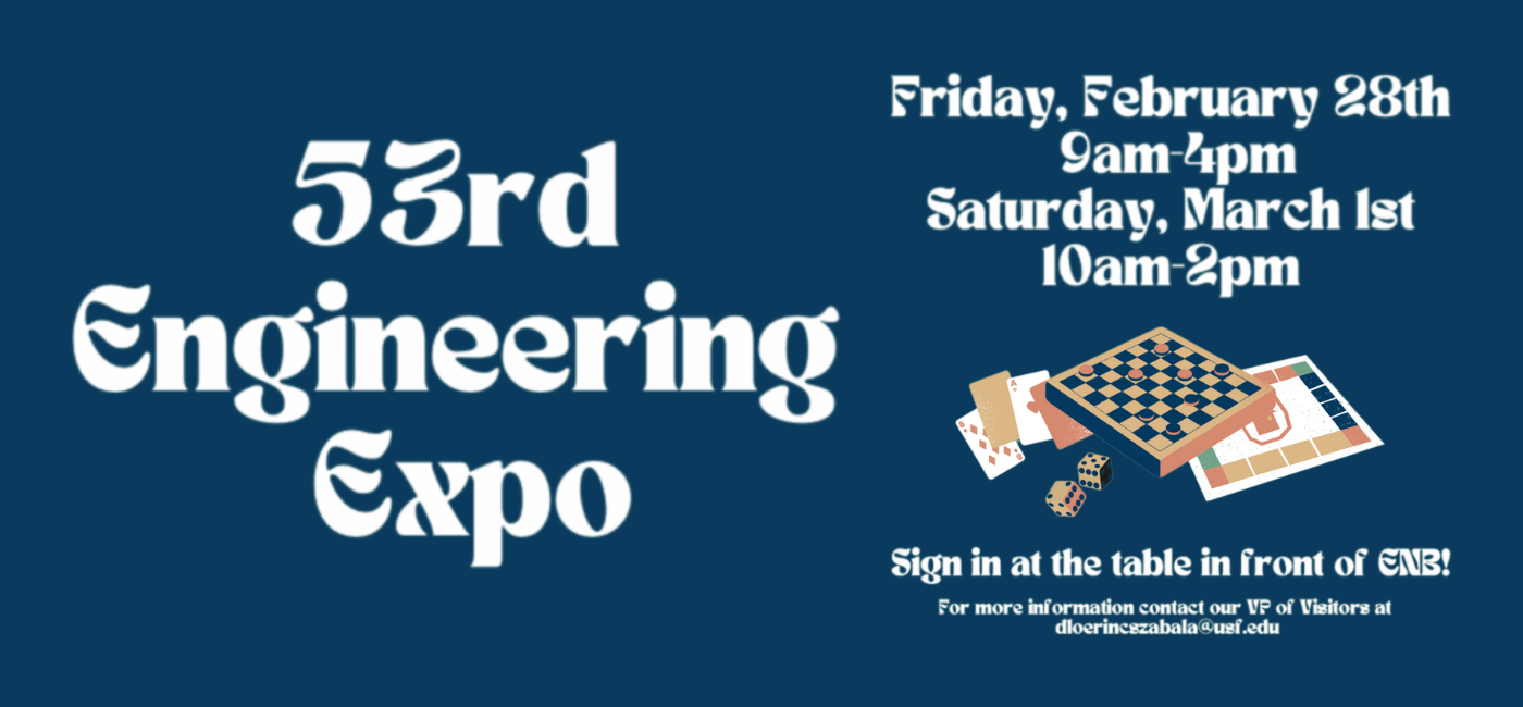 The 53rd Engineering Expo flyer highlights event dates (Feb 28, 9 AM - 4 PM & Mar 1, 10 AM - 2 PM), sign-in at ENB, game-themed illustrations, and contact dloerincszabala@usf.edu for more info.