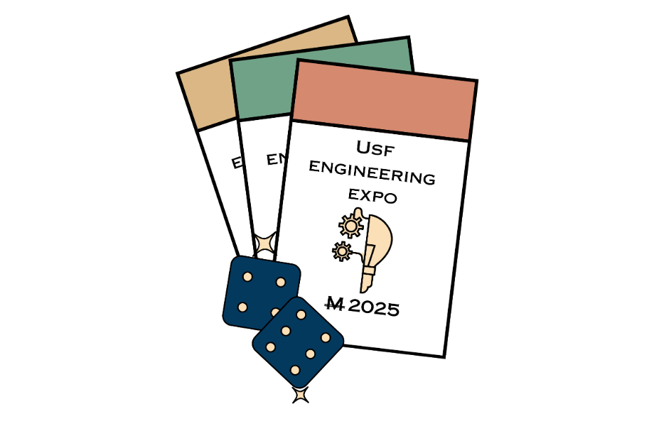 The image features three event passes or tickets for the USF Engineering Expo 2025, each with a different color band at the top. The central pass has an illustration of a hard hat with gears, symbolizing engineering. Two blue dice with gold dots are positioned at the bottom, one showing a sparkling effect, possibly hinting at a game or interactive element related to the event.