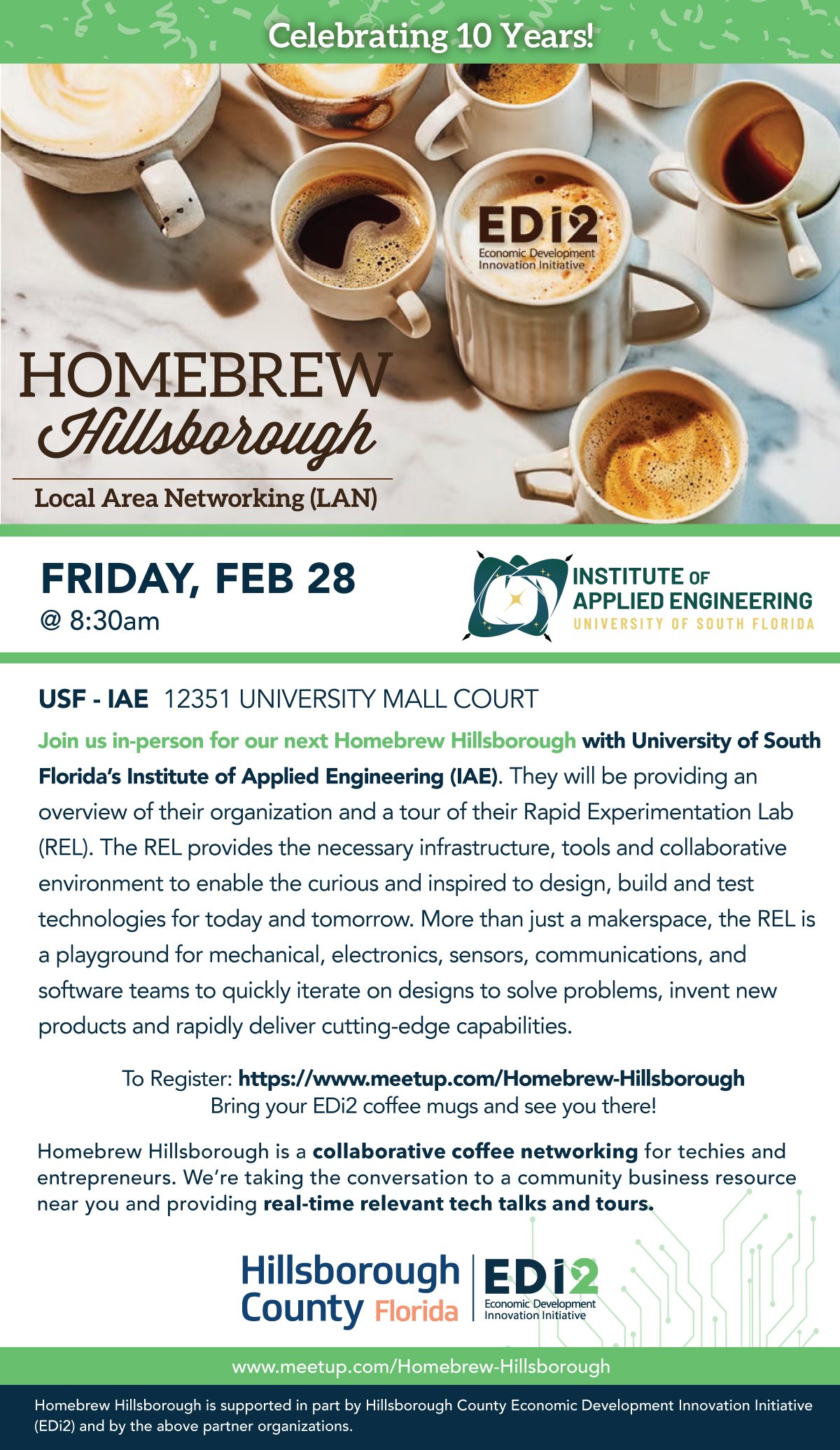 Promotional banner for Homebrew Hillsborough's 10th-anniversary event, featuring an image of coffee mugs with latte art. Event details: Friday, February 28, at 8:30 AM, located at USF - IAE, 12351 University Mall Court. Hosted by EDi2 (Economic Development Innovation Initiative).