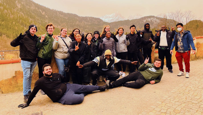 Students take a group picture at Hohenschwangau Castle — one of two 19th-century castles in the new study abroad program’s itinerary.