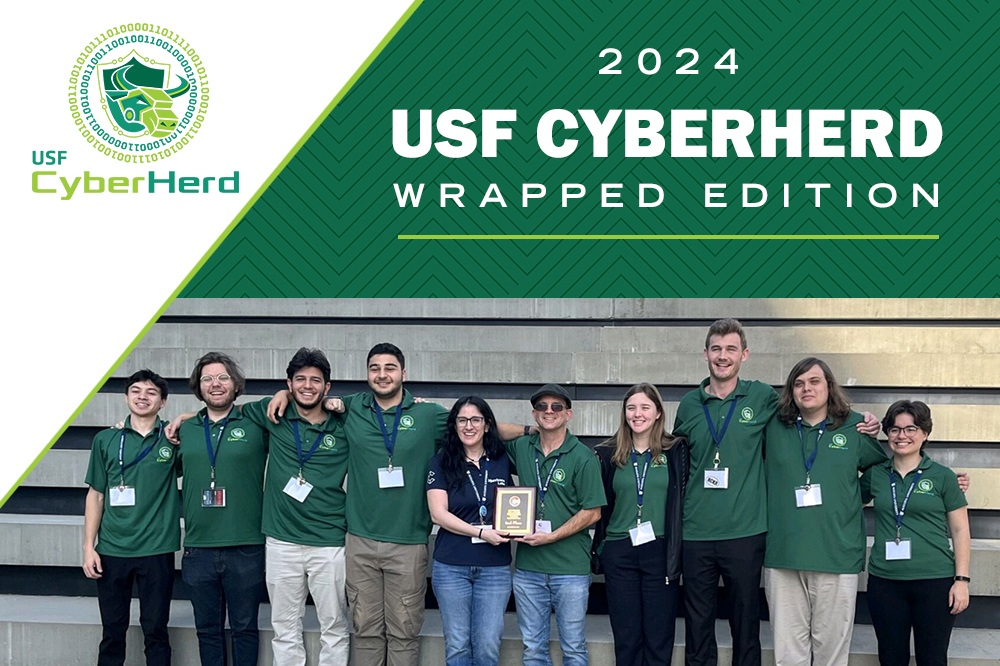 A group photo of the 2024 USF CyberHerd team, featuring members wearing matching green polo shirts. The image includes a green geometric background and the text "2024 USF CyberHerd Wrapped Edition" alongside the team's logo.