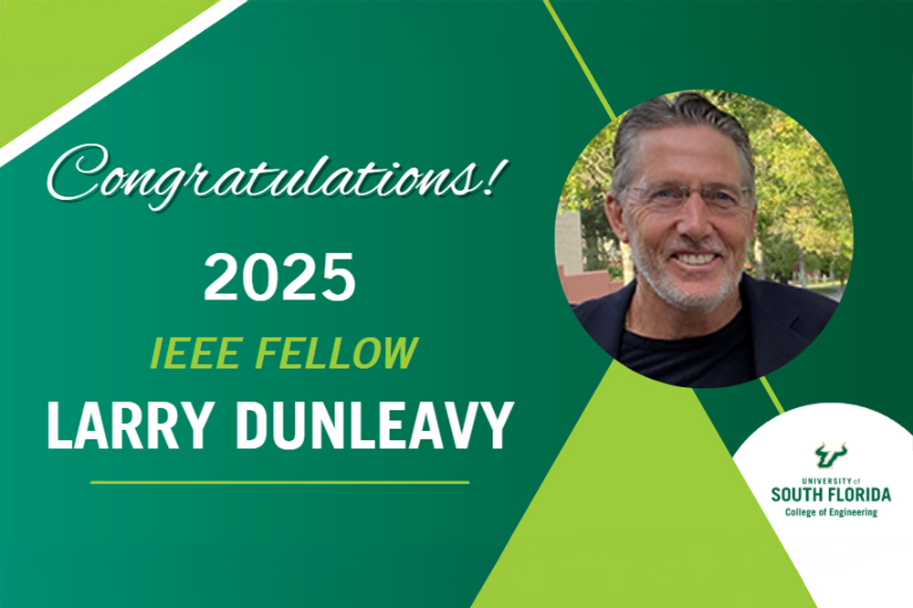 A congratulatory graphic featuring Lawrence Dunleavy, named a 2025 IEEE Fellow. The design includes his photo, a green-blue gradient background, and celebratory text.