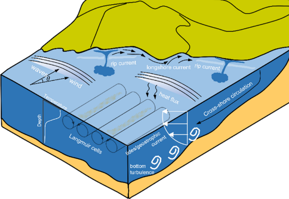 Figure 1: Schematic of inner-shelf and nearshore processes including Langmuir cells characterizing Langmuir turbulence