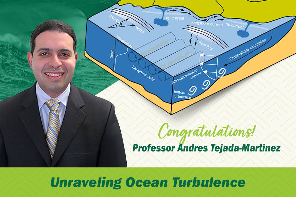 a graphic of Andres Tejada Martinez with a simulation of ocean turbulence