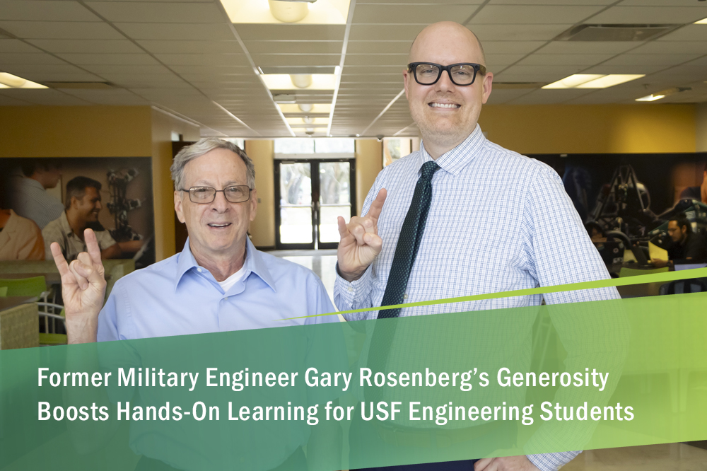 A photo of Gary Rosenberg Donor and Eric from USF Advancement in the Hall of Flags