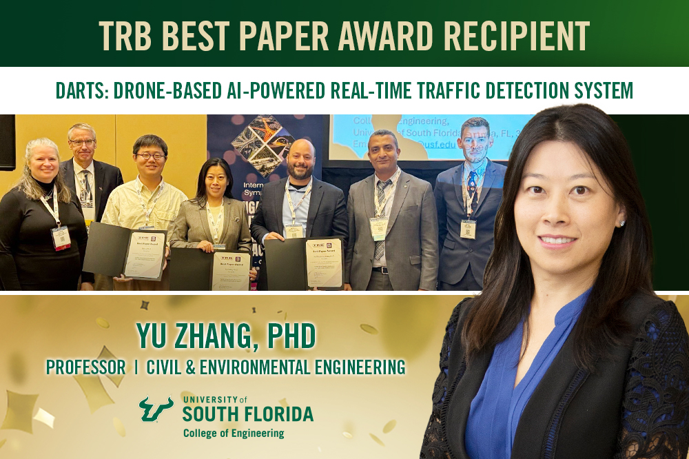 image celebrating yu zhang PHD for TRB best paper award recipient. headshot of Yu Zhang with green and gold coloring